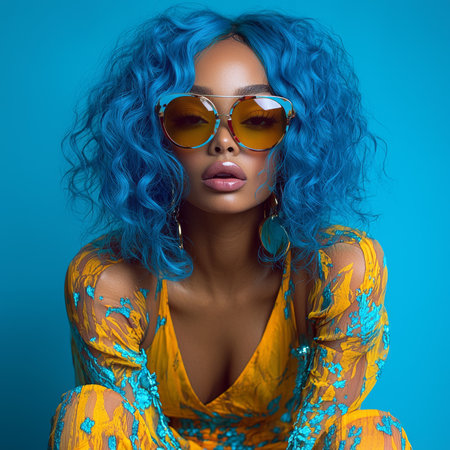 A stylish woman poses confidently in a vibrant setting, featuring blue hair and statement sunglasses. Her bold fashion choices make her appearance both modern and eye-catching.の素材