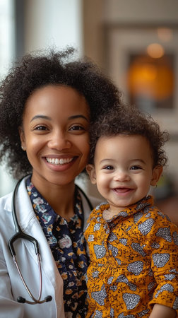 A joyful pediatrician holding a cheerful baby in her arms inside a medical office. The scene exudes warmth, care, and professionalism. Perfect depiction of pediatric care and mother-infant connections.の素材