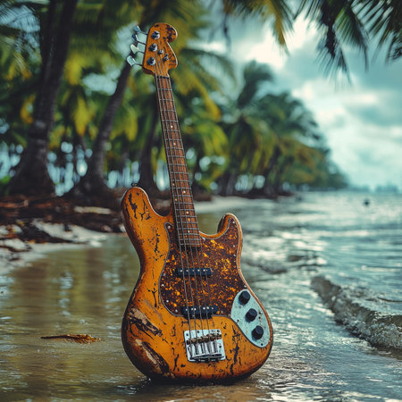 A classic bass guitar is placed on a sandy beach, surrounded by lush palm trees and gentle ocean waves. The scene embodies a sense of relaxation and musical harmony by the sea.の素材