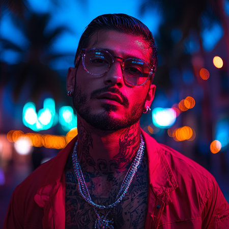 A fashionable man with tattoos and glasses stands confidently in a city illuminated by neon lights, creating a vibrant and energetic atmosphere during nighttime.の素材
