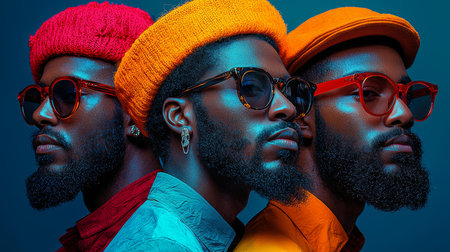 Three fashionable men wearing vibrant hats and trendy sunglasses, capturing modern hipster style with bold colors. A striking portrayal of individuality and contemporary fashion expression.の素材