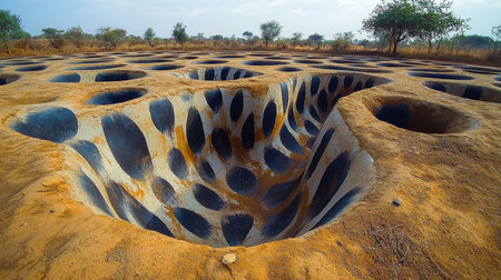 This captivating image showcases an illusionary landscape featuring unique circular formations reminiscent of polka dots. The intriguing patterns create a surreal visual effect in this natural desert environment.の素材