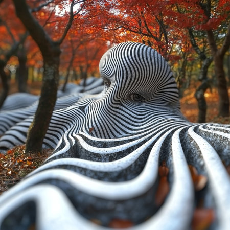 A mesmerizing image of a striped face surrounded by autumn trees, creating a captivating optical illusion. The vibrant colors and unique design evoke a sense of wonder and imagination.の素材