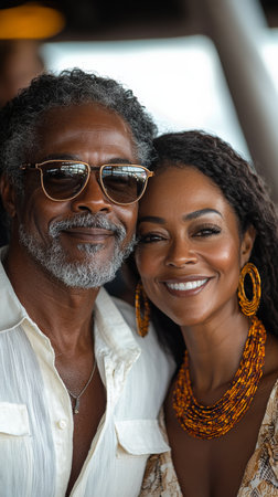 A happy couple shares a joyful moment on a leisurely boat trip, exuding warmth and happiness. Their expressions convey contentment and a strong connection, emphasizing the beauty of togetherness and relaxation.の素材