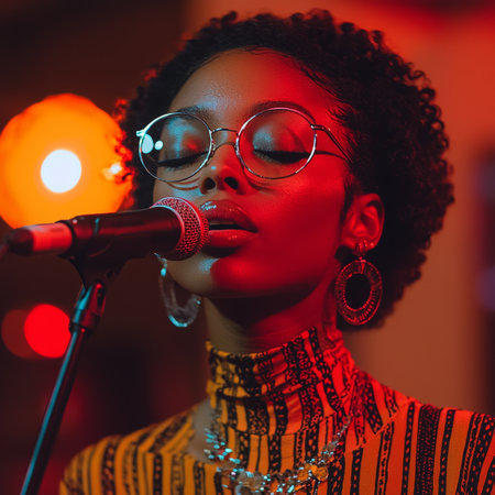 A talented musician passionately sings on stage, immersed in the music. The vibrant lighting and her confident style add a captivating aura to the performance, highlighting her soulful expression and musical talent.の素材