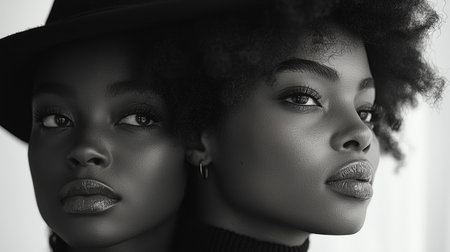 A striking black and white portrait of two women showcasing natural beauty and style. Their confident expressions and natural hair reflect elegance and individuality, captured in a high-quality studio setting.の素材
