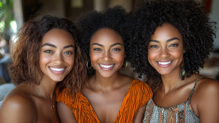 Three young women with radiant smiles pose together indoors, embodying friendship and joy. Their expressions convey warmth and happiness, making this an ideal image for themes of togetherness and companionship.の素材