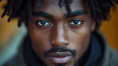 A close-up image capturing the intense expression of a young man with structured features. The shot emphasizes his deep gaze and natural hairstyle, reflecting confidence and a contemplative mood.の素材