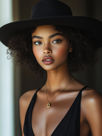Portrait of a fashionable woman wearing a large black hat and gold necklace. Her confident gaze and stylish attire capture modern elegance and sophistication, making it perfect for fashion and beauty concepts.の素材