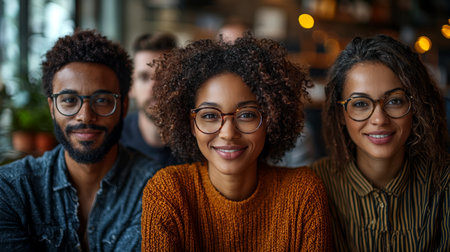 A confident and diverse team of young professionals smiling during a casual meeting. The atmosphere is friendly and collaborative, emphasizing teamwork and positive relationships in the workplace.の素材