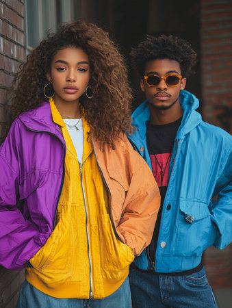 Two stylish young adults pose confidently, wearing bold and colorful retro jackets. Their fashion embraces the vibrant and trendy look of the past with a modern twist, celebrating individual style.の素材