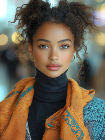 Portrait of a young woman with curly hair, wearing stylish attire, confidently posing indoors. Her modern fashion sense reflects elegance and vibrancy, capturing a youthful and confident character.の素材