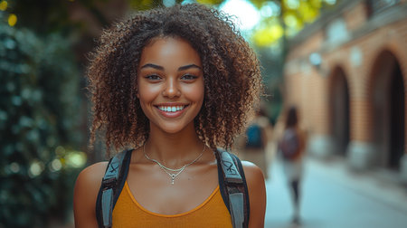 A smiling young woman with a backpack enjoys a sunny day at university. The vibrant scene captures a sense of happiness and youth on a bustling campus walkway.の素材