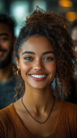 Portrait of a joyful young woman with colleagues in the background, capturing a moment of positivity and diversity in the workplace.の素材