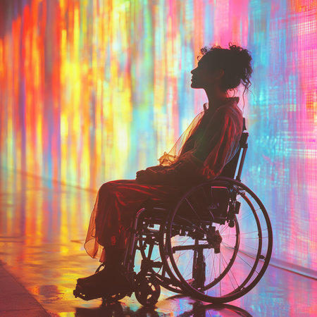A silhouette of a woman in a wheelchair is set against a vibrant, colorful, digital background, creating a striking contrast and showcasing themes of empowerment and modern art.の素材