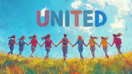 A vibrant group of friends holding hands outdoors under a clear sunny sky, symbolizing unity.の素材