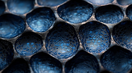 Detailed close-up of blue hexagonal cells resembling abstract surface structure or molecular patterns, ideal for backgrounds.の素材