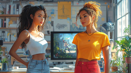 Two young women engaged in thoughtful conversation in a creative studio environment, featuring vibrant artwork and plants surrounding them, with soft natural lighting enhancing the atmosphere.の素材