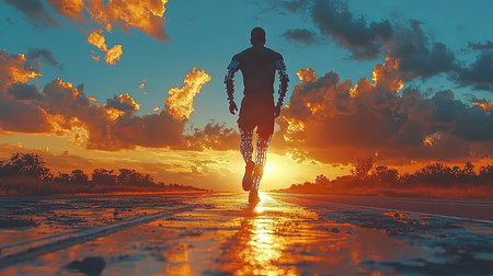 An inspiring image of a determined man with a prosthetic leg running into the setting sun on a picturesque rural road, symbolizing strength, resolve, and perseverance.の素材