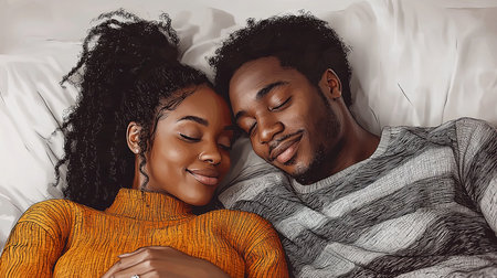 A young couple peacefully lying together, expressing love and comfort in a serene moment. The collaboration of peacefulness and warmth reflects their strong connection and joy.の素材
