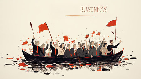 Illustration of a team of business professionals rowing together, symbolizing coordination, collaboration, and mutual effort within a corporate environment. The artistic composition emphasizes unity and collective progress.の素材