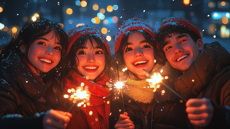 A group of cheerful friends enjoying a winter celebration while holding sparklers at night. A scene filled with snow, lights, and festive joy, perfect for holiday themes and seasonal festivities.の素材