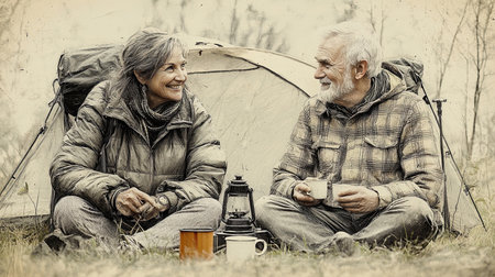 Elderly couple sharing a warm beverage while camping amidst serene nature, radiating joy and companionship. Relaxing outdoors beside a tent, with backpacks and lanterns, embracing the peaceful wilderness.の素材