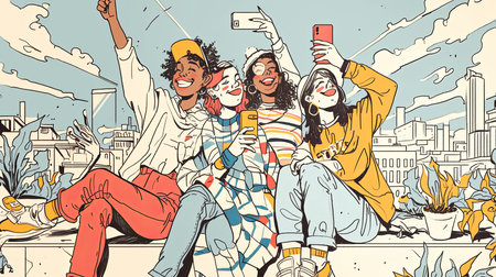Illustration of four cheerful friends capturing a selfie together on a rooftop with a cityscape view. The scene embodies happiness, connection, and youthful joy in a lively urban setting.の素材