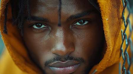 A close-up image capturing intense focus, confidence, and determination in a man wearing a yellow hoodie, showcasing an urban and stylish vibe, evoking a sense of power and self-assurance.の素材