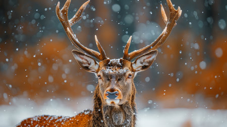 A close-up of a majestic deer with large antlers in a snowy winter forest. This captivating image highlights wildlife beauty and the serene atmosphere of nature during the colder months.の素材
