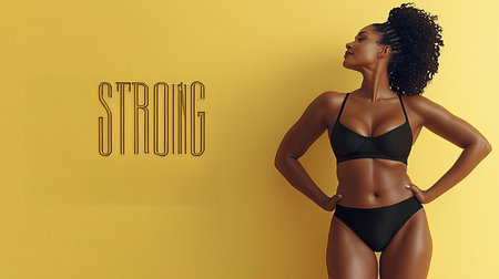 Confident and empowered woman in minimalist black swimwear standing against a vibrant yellow background. The word 'Strong' emphasizes personal strength, body positivity, and confidence in an artistic and stylish composition.の素材
