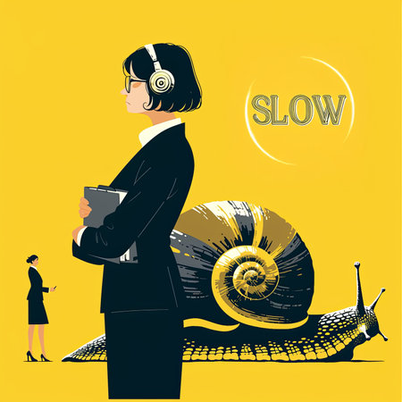 Illustration of a businesswoman standing in front of a snail symbolizing slow progress. Perfect depiction of delayed or careful work dynamics in a corporate environment. Showcases professionalism and conceptual elements in vivid artwork.の素材
