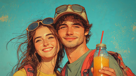 Illustration of a cheerful young couple under a bright blue sky holding a bottle, evoking joy and togetherness.の素材