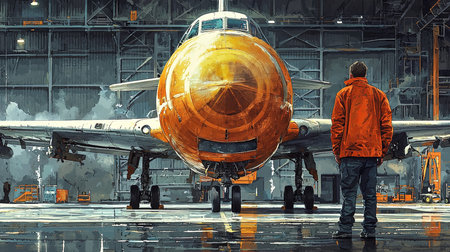 A worker in an orange jacket standing in front of a large airplane inside an industrial hangar, symbolizing aviation repair, technology, and professional inspection for safety and functionality.の素材