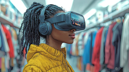 A young woman in a yellow jacket immersed in a virtual reality experience while surrounded by colorful background elements. Highlights the integration of technology and immersive experiences in daily life.の素材