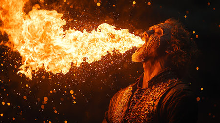 A striking image showcasing a male fire performer expelling a large flame into the night backdrop, creating an intense, energetic, and captivating visual display of fire artistry. Perfect for entertainment or dramatic contexts.の素材