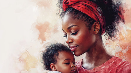 An artistic representation of a mother holding her baby, emphasizing warmth, love, and care, portrayed in a detailed watercolor-inspired aesthetic.の素材