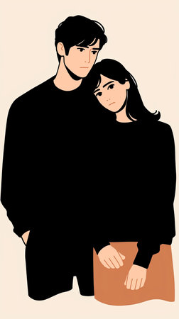 A vector illustration of a couple sharing a moment of support and understanding. They are dressed in simple clothing, portraying a heartfelt display of comfort, emotional support, and mutual care in minimalistic colors.の素材