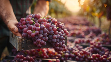 Close-up view of a farmer holding a box filled with ripe red grapes, showcasing a bountiful harvest in a vineyard at sunset, highlighting the beauty and abundance of agriculture.の素材