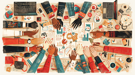 Illustrating a diverse group working collaboratively around a table filled with documents and gadgets, symbolizing teamwork, creativity, and productivity within a professional or educational setting.の素材
