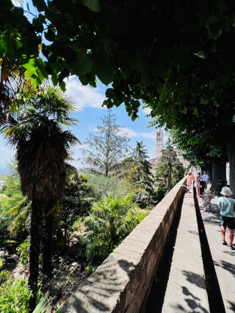 Tourists explore a picturesque garden walkway surrounded by vibrant plants and a glimpse of a historic tower under a bright sky. A serene blend of nature and architecture. Assisi, Italy.の写真素材