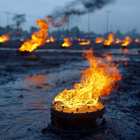 Vivid orange flames emerging from gas vents in a rural area, against a twilight backdrop. The image portrays industrial activity and environmental impact intertwined in a striking visual.の素材