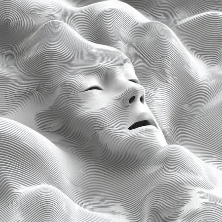 Abstract 3D rendering featuring a human face integrated into flowing wave patterns, showcasing artistic inspiration, surreal aesthetics, and modern conceptual visual design, evoking emotions and creativity in a monochromatic palette.の素材