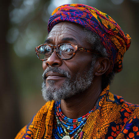 Portrait of an elderly man wearing a colorful African headscarf and traditional attire. The composition showcases cultural heritage and fashion excellence. The man exudes wisdom and dignity through his expression and choice of apparel.の素材