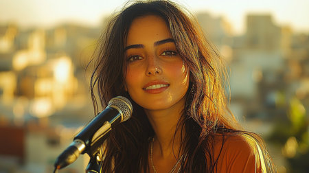 A vibrant image of a young woman singing outdoors during golden hour, standing with a microphone. Her casual attire and natural light highlight showcase the warm moments of music and expression.の素材
