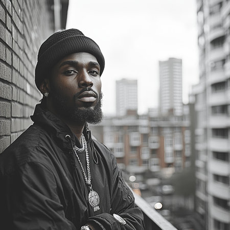Portrait of a confident young man with urban buildings in the background, exuding determination and style, outdoors in a city setting. Representing individuality, urban lifestyle, and contemporary aesthetic.の素材