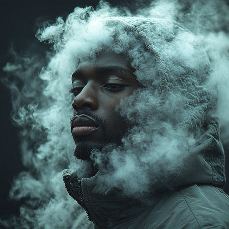 A contemplative portrait shows a man enveloped in dense clouds of white mist, with dramatic lighting emphasizing depth and texture, creating a powerful and moody atmosphere.の素材