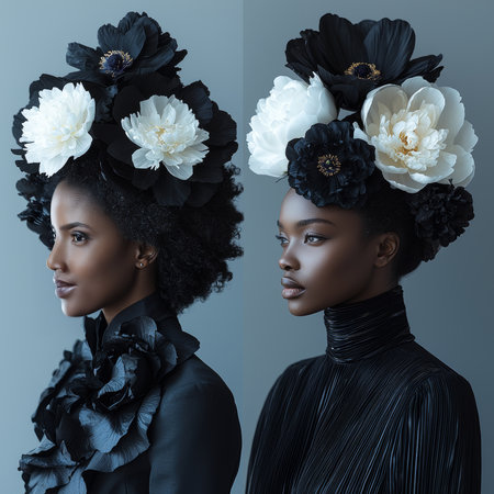 Artistic studio portraits highlighting elegant women with black and white floral headpieces. A refined representation of beauty, fashion, and grace, suitable for various creative and design projects.の素材