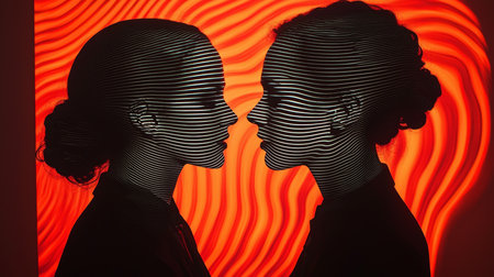 Artistic depiction of two individuals in profile, with abstract patterns against a dynamic, vibrant red background. This expressive representation conveys themes of duality, connection, and abstract identity in art.の素材