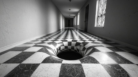 A mesmerizing black-and-white checkered floor in a corridor forming an optical illusion of depth. This surrealistic design challenges perceptions and creates a visually captivating experience, emphasizing creativity, imagination, and artistic surrealism.の素材